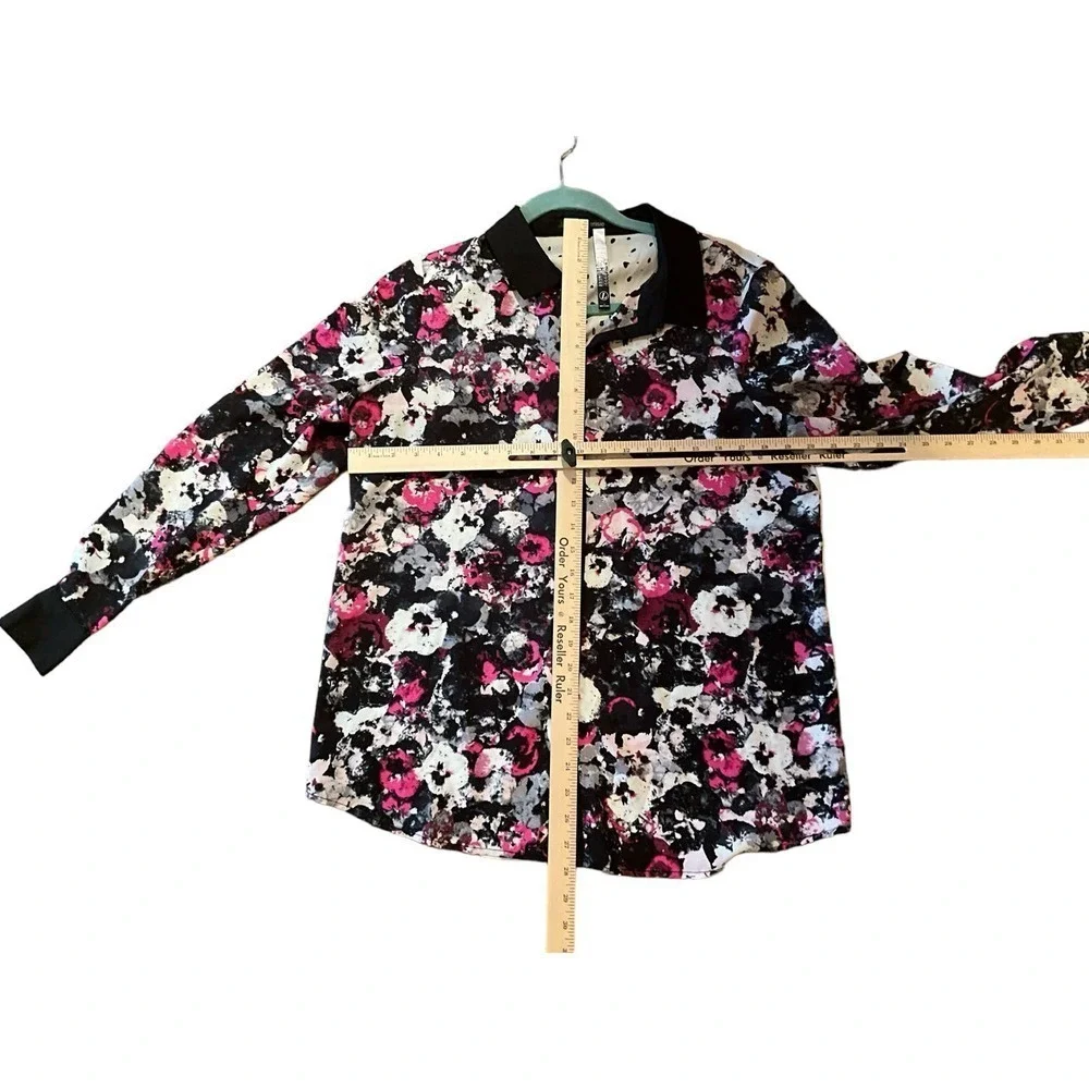 Kensie Button Dow Shirt  Women's Size L‎ Black Floral Collared Polyester Top